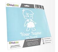 Kiwistar - Car Sticker Baby on Board - White - Boy Overalls - Individually Personalized with The Desired Text + on Board 15cm - Decal for Bicycle Vehicle Truck SUV