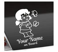 Kiwistar - Car Sticker Baby on Board - White - Butterfly Girl - Individually Personalized with The Desired Text + on Board 15cm - Decal for Bicycle Vehicle Truck SUV