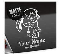 Kiwistar - Car Sticker Baby on Board - White mat - Bunny Girl - Individually Personalized with The Desired Text + on Board 24cm - Decal for Bicycle Vehicle Truck SUV