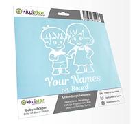 Kiwistar - Car Sticker Baby on Board - White mat - Siblings Boy Girl - Individually Personalized with The Desired Text + on Board 20cm - Decal for Bicycle Vehicle Truck SUV