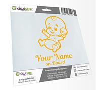 Kiwistar - Car Sticker Baby on Board - Yellow - Baby Rattle - Individually Personalized with The Desired Text + on Board 24cm - Decal for Bicycle Vehicle Truck SUV