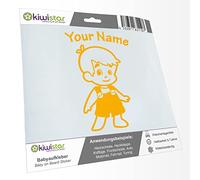Kiwistar - Car Sticker Baby on Board - Yellow - Boy Overalls - Individually Personalized with The Desired Text 30cm - Decal for Bicycle Vehicle Truck SUV