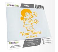Kiwistar - Car Sticker Baby on Board - Yellow - Butterfly Girl - Individually Personalized with The Desired Text + on Board 20cm - Decal for Bicycle Vehicle Truck SUV