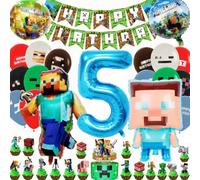 Kiwochy Children's Birthday Decoration 5 Years Balloon 5th Birthday Decoration Miner Gamer Birthday Party Decoration Game Balloon Miner Gamer Children's Birthday Happy Birthday Banner Cupcake Toppers
