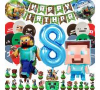 Kiwochy Children's Birthday Decoration 8 Years Balloon 8th Birthday Decoration Miner Gamer Birthday Party Decoration Game Balloon Miner Gamer Children's Birthday Happy Birthday Banner Cupcake Toppers
