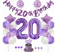 Kiwochy Purple 20th Birthday Decoration - Girl's 20th Birthday Cake Decoration Kit with Foil Balloons and Number 20