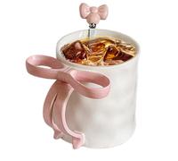 Kixolazr Ceramic Bow Mug with Spoon | 500ml Pink Ribbon Handle Coffee Cup | Charming Gift for Women, Friends, Family | Microwave Safe Mug for Hot Drinks