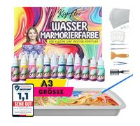 KIYARI Water Marbling Paint Set - 12 Intense Colours + 10 A3 Sheets - Craft Sets for Boys & Girls from 6 Years - Paint on Water & Create Artworks - Gift for Children & Adults