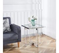KIYIYDMM Glass End Table, Acrylic Sofa Side Table with Chrome Stainless Steel Frame, Fashion Design Small Coffee Table, 19.6" Square Bedside Table for Bedroom(Cross Leg)
