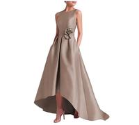 KIYNE High Low Satin Mother of The Bride Dresses for Wedding Scoop Neck A Line Formal Wedding Guest Dress Taupe UK16