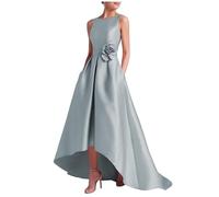 KIYNE High Low Satin Mother of the Bride Dresses for Wedding Scoop Neck A Line Formal Wedding Guest Dress Dusty Blue UK16