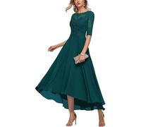 KIYNE Lace Applique Mother of The Bride Dresses for Wedding Party Chiffon A Line Peacock Tea Length Formal Party Gown Long UK10