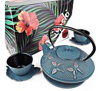 KIYOSHI Luxury 7PC Japanese Tea Set. "Blue Butterfly" Cast Iron Tea Pot with 2 Tea Cups, 2 Saucers, Tea Infuser and Teapot Trivet. Ceremonial Matcha Accessories