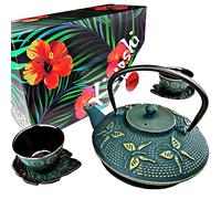 KIYOSHI Luxury 7PC Japanese Tea Set. "KIYOSHI Green" Cast Iron Tea Pot with 2 Tea Cups, 2 Saucers, Infuser and Teapot Trivet. Ceremonial Matcha Accessories