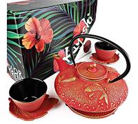 KIYOSHI Luxury 7PC Japanese Tea Set."Red Koi" Cast Iron Tea Pot with 2 Tea Cups, 2 Saucers, Tea Infuser and Teapot Trivet. Ceremonial Matcha Accessories