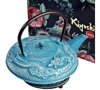 KIYOSHI Luxury Cast Iron Dragon Teapot with Infuser & Matching Trivet - 40 oz / 1200 ml Loose Leaf Tea Pot with Enamel Interior - Stovetop Safe for Gas, Electric, Ceramic & Induction - Blue
