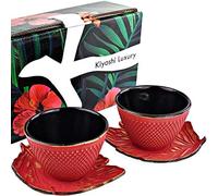 KIYOSHI Luxury Cast Iron Tea Cup Set of 2 with Leaf Saucers - 4 Piece Tea Cups with Saucers, Enamel Interior, 4 oz for Loose Leaf Tea - Red