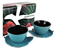 KIYOSHI Luxury Cast Iron Tea Cup Set of 2 with Leaf Saucers - 4 Piece Tea Cups with Saucers, Enamel Interior, 4 oz for Loose Leaf Tea - Mediteranean Blue