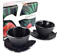 KIYOSHI Luxury Japanese Tea Cups - 4pc Black Cast Iron Set, 2 Tea Cups and Saucers, 4oz Each