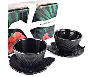 KIYOSHI Luxury Japanese Tea Cups - 4pc Black Cast Iron Set, 2 Tea Cups and Saucers, 4oz Each