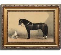 Kizbok Gold Framed Wall Art for Home Decor, Vintage Dog and Black Horse Oil Painting, Farmhouse Wall Decor Western Canvas Prints, Rustic Animal Picture Wall Decor, Antique Bedroom Framed Art for