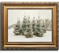Kizbok Gold Framed Wall Art for Vintage Christmas Decor, Neutral Christmas Pine Tree Oil Painting, Farmhouse Winter Forest in Snow Canvas Art Prints, Rustic Winter Landscape Xmas Poster, Antique