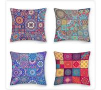 KIZIFI Blue Mandala Outdoor Cushion Covers 45x45 cm Set of 4 Waterproof Throw Pillow Covers Plaid Linen Cushion Covers Patio Garden Pillowcases for Bench Sofa Indoor Decoration