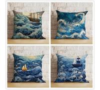 KIZIFI Blue Waves Outdoor Cushion Covers 60x60 cm Set of 4 Waterproof Throw Pillow Covers Sailboats Linen Cushion Covers Patio Garden Pillowcases for Bench Sofa Indoor Decoration