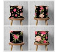 KIZIFI Cushion Covers Set of 4 35x35 cm Black Green Linen Decorative Cushion Cover Pink Flowers Square Throw Pillow Case 14x14 inch Outdoor Sofa Cushions Covers for Couch, Bed, Bench