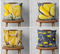 KIZIFI Cushion Covers Set of 4 45x45 cm Yellow Tulips Linen Decorative Cushion Cover Gray Brown Square Throw Pillow Case 18x18 inch Outdoor Sofa Cushions Covers for Couch, Bed, Bench