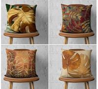 KIZIFI Cushion Covers Set of 4 50x50 cm Golden Leaves Linen Decorative Cushion Cover Brown Green Square Throw Pillow Case 20x20 inch Outdoor Sofa Cushions Covers for Couch, Bed, Bench