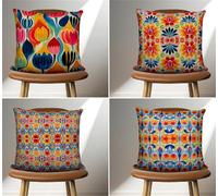 KIZIFI Cushion Covers Set of 4 55x55 cm Blue Flowers Linen Decorative Cushion Cover Pink Yellow Square Throw Pillow Case 22x22 inch Outdoor Sofa Cushions Covers for Couch, Bed, Bench