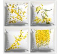 KIZIFI Cushion Covers Set of 4 60x60 cm Yellow Flowers Linen Decorative Cushion Cover White Brown Square Throw Pillow Case 24x24 inch Outdoor Sofa Cushions Covers for Couch, Bed, Bench