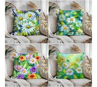 KIZIFI Daisies Outdoor Cushion Covers 60x60 cm Set of 4 Waterproof Throw Pillow Covers Purple Blue Linen Cushion Covers Patio Garden Pillowcases for Bench Sofa Indoor Decoration