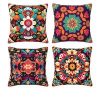 KIZIFI Ethnic Style Outdoor Cushion Covers 60x60 cm Set of 4 Waterproof Throw Pillow Covers Green Black Linen Cushion Covers Patio Garden Pillowcases for Bench Sofa Indoor Decoration
