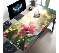 KIZIFI Extended Large Gaming Mouse Pad, Non-Slip Rubber Base Stitched Edge Big Desk Mat, Pink Flowers Butterfly Desk Keyboard Mouse Mat for PC Laptop Home Office 31.5x15.7x0.12 inch