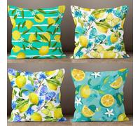 KIZIFI Green Stripes Outdoor Cushion Covers 60x60 cm Set of 4 Waterproof Throw Pillow Covers Yellow Blue Linen Cushion Covers Patio Garden Pillowcases for Bench Sofa Indoor Decoration