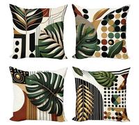 KIZIFI Pack of 4 Waterproof Cushion Covers 50x50 cm Green Leaves Outdoor Cushion Covers Black Brown Linen Square Pillowcase Modern Decorative Pillow Cover for Patio Garden Porch Bench Sofa Indoor Bed