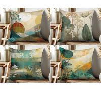 KIZIFI Pack of 4 Waterproof Cushion Covers 50x50 cm Landscape Outdoor Cushion Covers Green Brown Linen Square Pillowcase Modern Decorative Pillow Cover for Patio Garden Porch Bench Sofa Indoor Bed