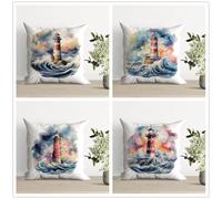 KIZIFI Pack of 4 Waterproof Cushion Covers 50x50 cm Lighthouse Outdoor Cushion Covers Waves Linen Square Pillowcase Modern Decorative Pillow Cover for Patio Garden Porch Bench Sofa Indoor Bed