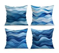 KIZIFI Pack of 4 Waterproof Cushion Covers 65x65 cm Corrugated Outdoor Cushion Covers Blue Linen Square Pillowcase Modern Decorative Pillow Cover for Patio Garden Porch Bench Sofa Indoor Bed