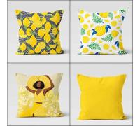 KIZIFI Pack of 4 Waterproof Cushion Covers 65x65 cm Cute Girl Outdoor Cushion Covers Yellow Gray Linen Square Pillowcase Modern Decorative Pillow Cover for Patio Garden Porch Bench Sofa Indoor Bed