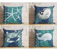 KIZIFI Pack of 4 Waterproof Cushion Covers 65x65 cm Dolphins Outdoor Cushion Covers Coral Linen Square Pillowcase Modern Decorative Pillow Cover for Patio Garden Porch Bench Sofa Indoor Bed