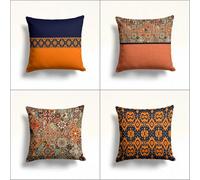 KIZIFI Pack of 4 Waterproof Cushion Covers 65x65 cm Ethnic Style Outdoor Cushion Covers Orange Blue Linen Square Pillowcase Modern Decorative Pillow Cover for Patio Garden Porch Bench Sofa Indoor Bed