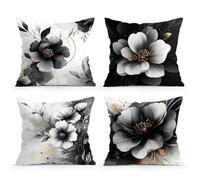 KIZIFI Pack of 4 Waterproof Cushion Covers 65x65 cm Flowers Outdoor Cushion Covers Gray Black Linen Square Pillowcase Modern Decorative Pillow Cover for Patio Garden Porch Bench Sofa Indoor Bed