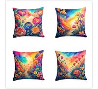 KIZIFI Pack of 4 Waterproof Cushion Covers 65x65 cm Flowers Outdoor Cushion Covers Watercolor Linen Square Pillowcase Modern Decorative Pillow Cover for Patio Garden Porch Bench Sofa Indoor Bed