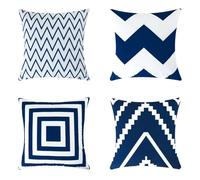 KIZIFI Pack of 4 Waterproof Cushion Covers 65x65 cm Geometry Outdoor Cushion Covers Blue White Linen Square Pillowcase Modern Decorative Pillow Cover for Patio Garden Porch Bench Sofa Indoor Bed