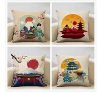 KIZIFI Pack of 4 Waterproof Cushion Covers 65x65 cm Japan Scenery Outdoor Cushion Covers Red Yellow Linen Square Pillowcase Modern Decorative Pillow Cover for Patio Garden Porch Bench Sofa Indoor Bed