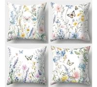 KIZIFI Pack of 4 Waterproof Cushion Covers 65x65 cm Pink Flowers Outdoor Cushion Covers Butterflies Linen Square Pillowcase Modern Decorative Pillow Cover for Patio Garden Porch Bench Sofa Indoor Bed