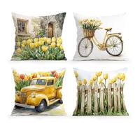 KIZIFI Pack of 4 Waterproof Cushion Covers 65x65 cm Yellow Tulips Outdoor Cushion Covers Green Linen Square Pillowcase Modern Decorative Pillow Cover for Patio Garden Porch Bench Sofa Indoor Bed